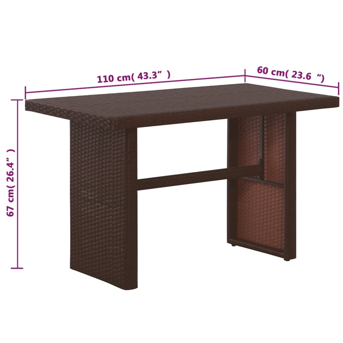 Ein brauner, rechteckiger Gartentisch aus gewebtem Material mit Maßen.