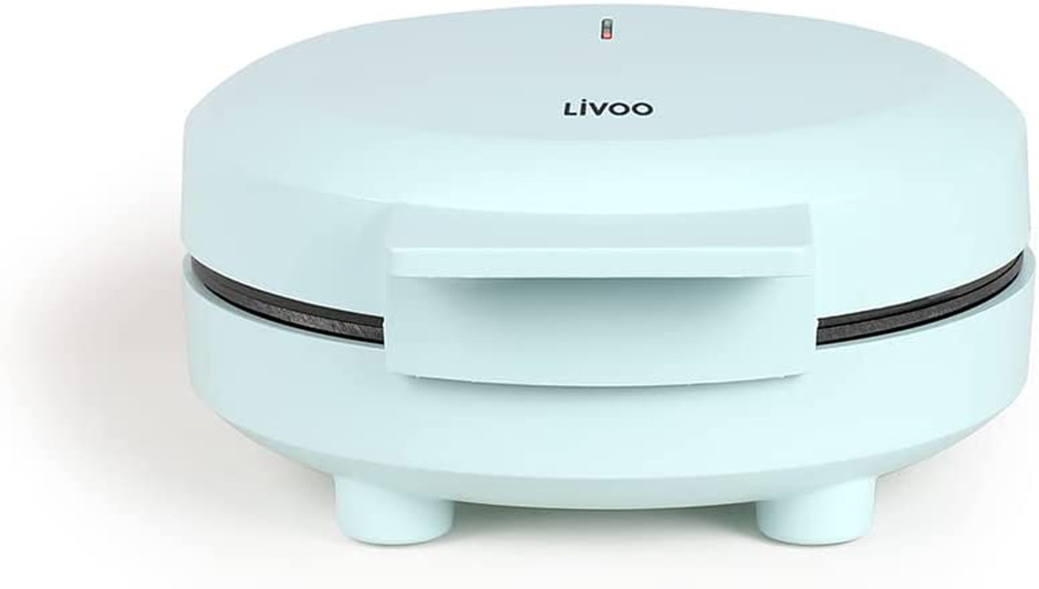 Jasnoniebieska mini gofrownica. Urządzenie jest na białym tle. Jest okrągła.