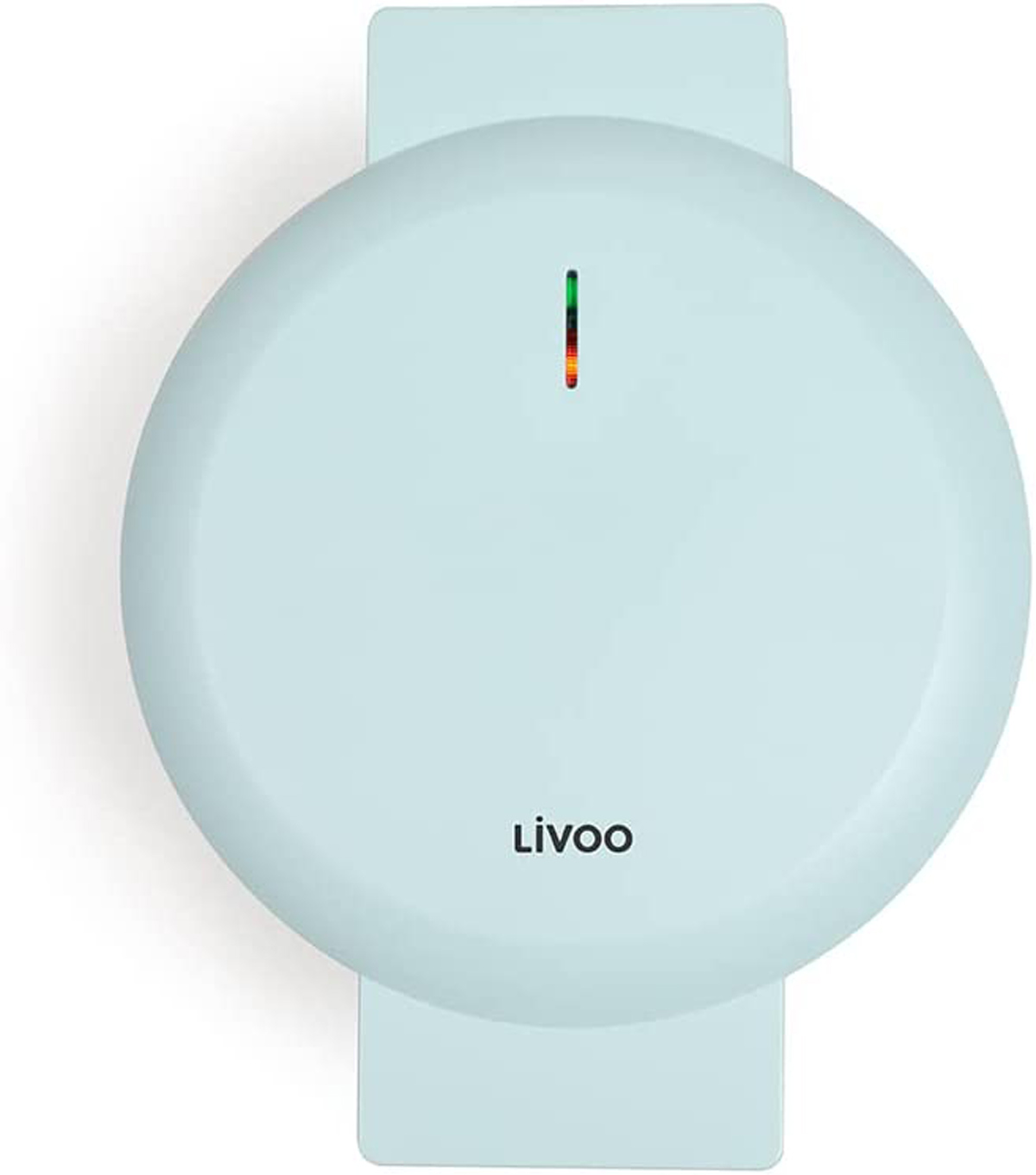 Okrągłe, jasnoniebieskie urządzenie ze wskaźnikiem świetlnym. Białe tło.