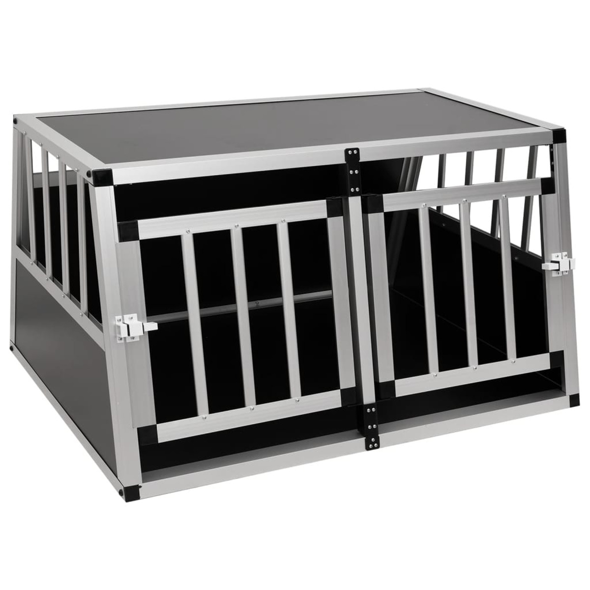 Hundekäfig. Silberner Rahmen mit schwarzen Stäben und Paneelen, zwei Türen. Weißer Hintergrund.