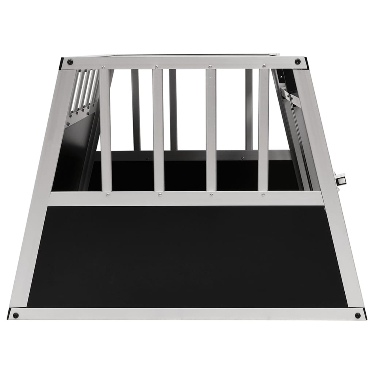 Eine Metall-Hundebox mit vertikalen Stäben an Front und Oberseite.
