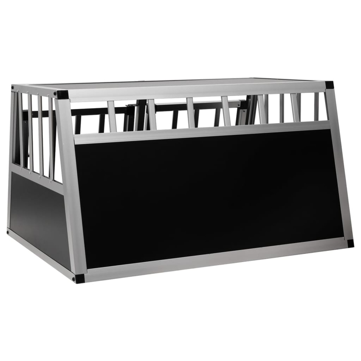 Metall-Hundebox, schwarz und silber, mit Stangen und schräger Front. Weißer Hintergrund.