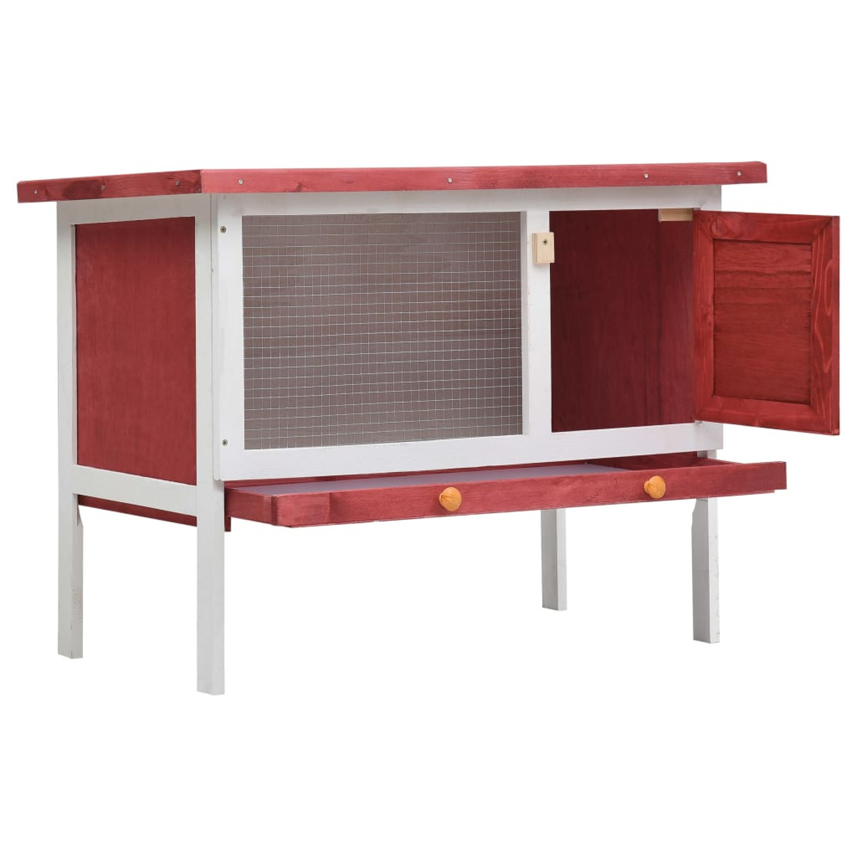 Ein roter und weißer Kaninchenstall aus Holz mit offener Tür und Schublade.