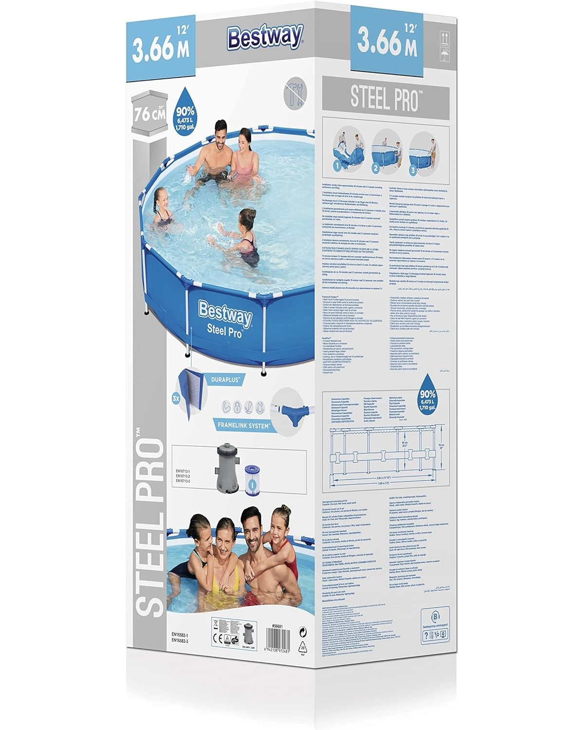 Karton mit Bestway-Pool-Bild. Menschen im Pool, blau-weiße Box.