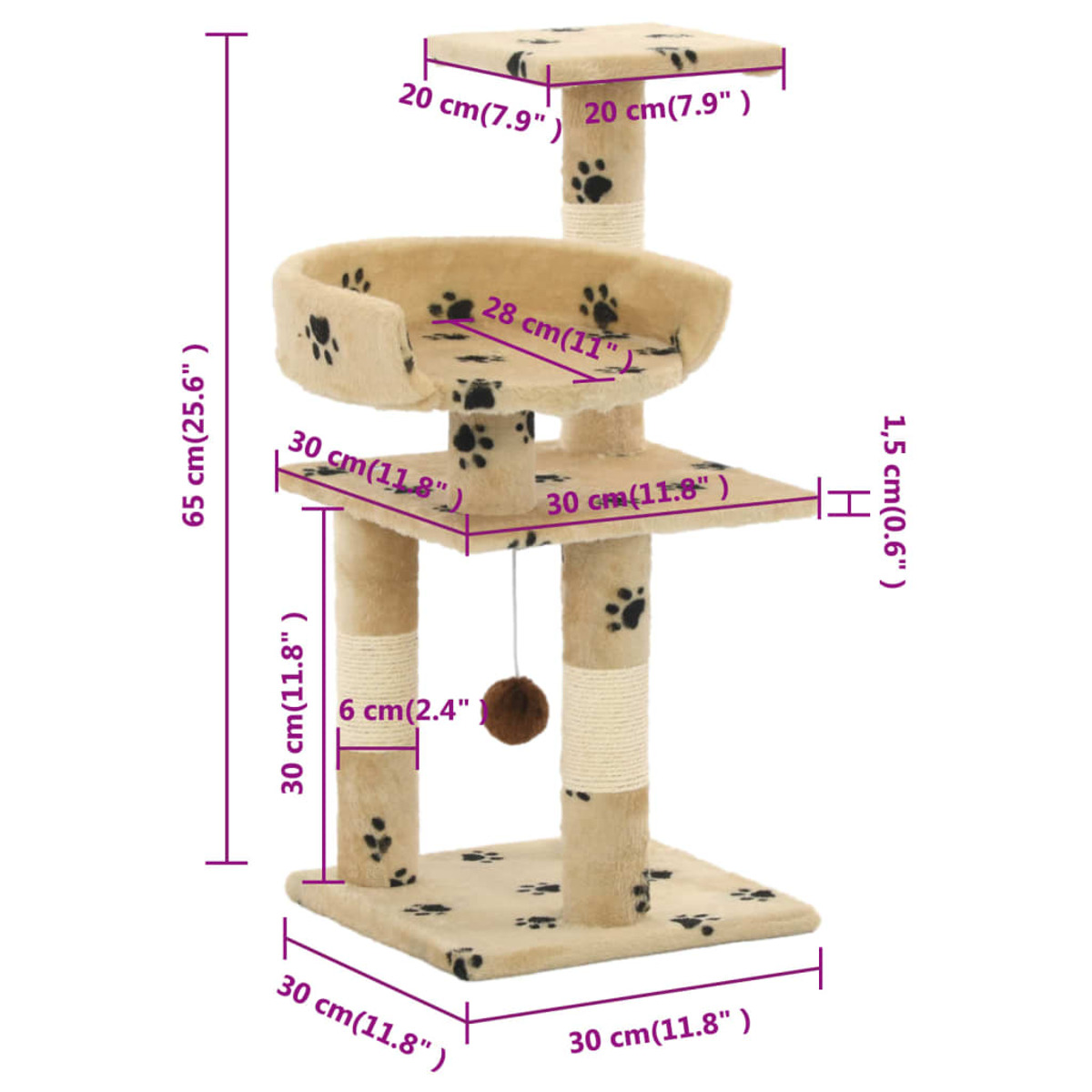 Beiger Katzenbaum mit mehreren Ebenen, einschließlich Bett, Kratzbäumen und Spielzeug.