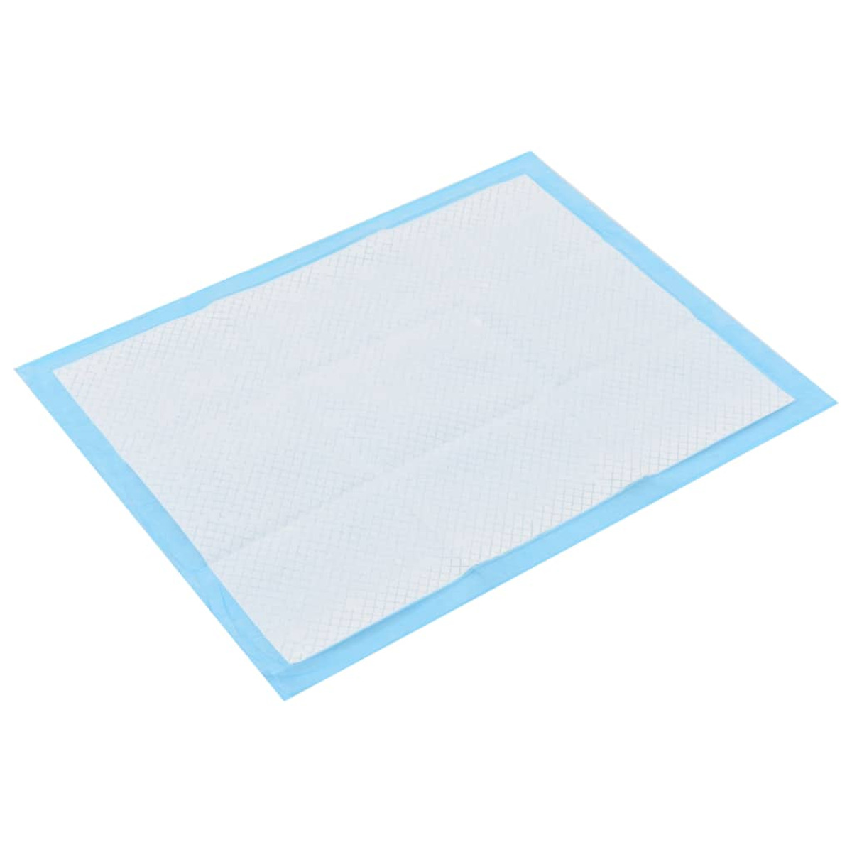 Blau umrandete saugfähige Unterlage auf weißem Hintergrund, diagonal ausgerichtet.