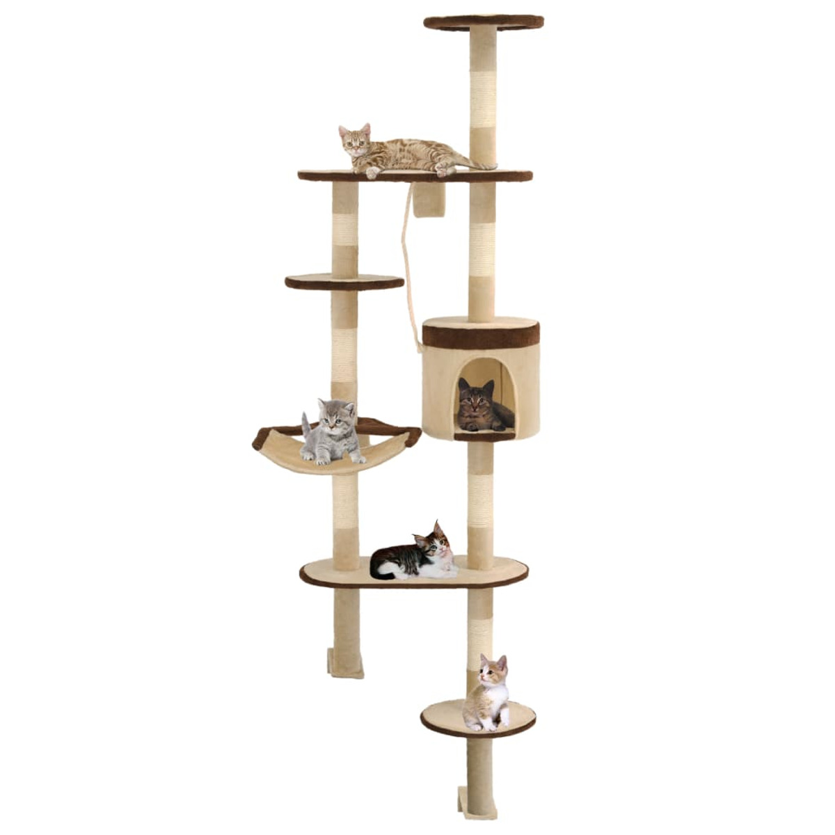 Katzenbaum mit mehreren Ebenen, beige und braun. Mehrere Katzen sind vorhanden, einige ruhen auf Ebenen.