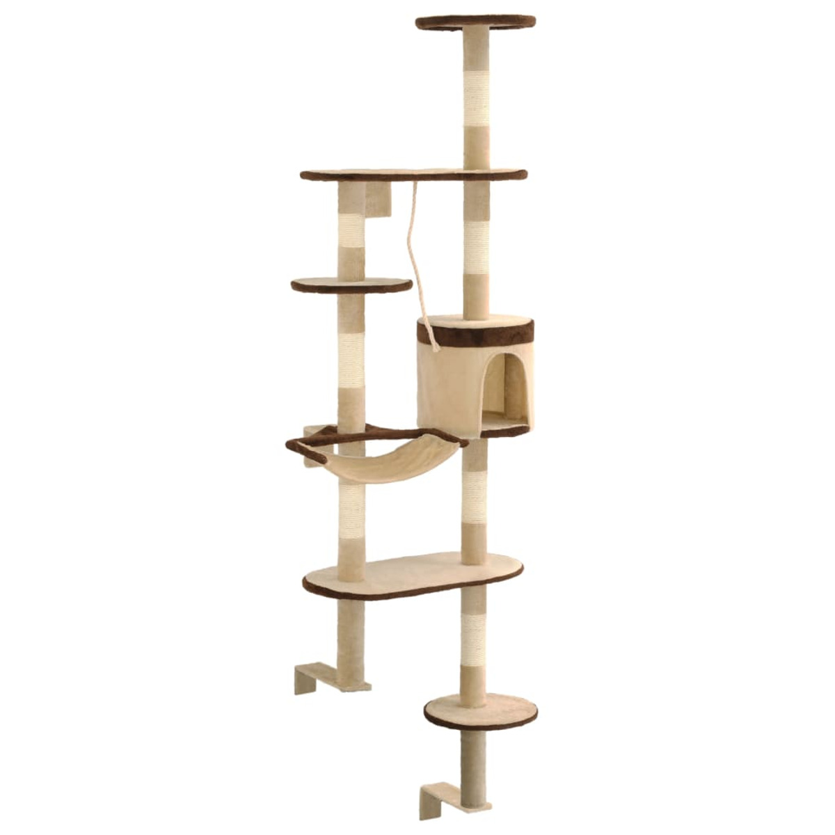 Ein Katzenbaum mit mehreren Plattformen, einem Haus und Kratzpfosten. Beige und braune Farben.
