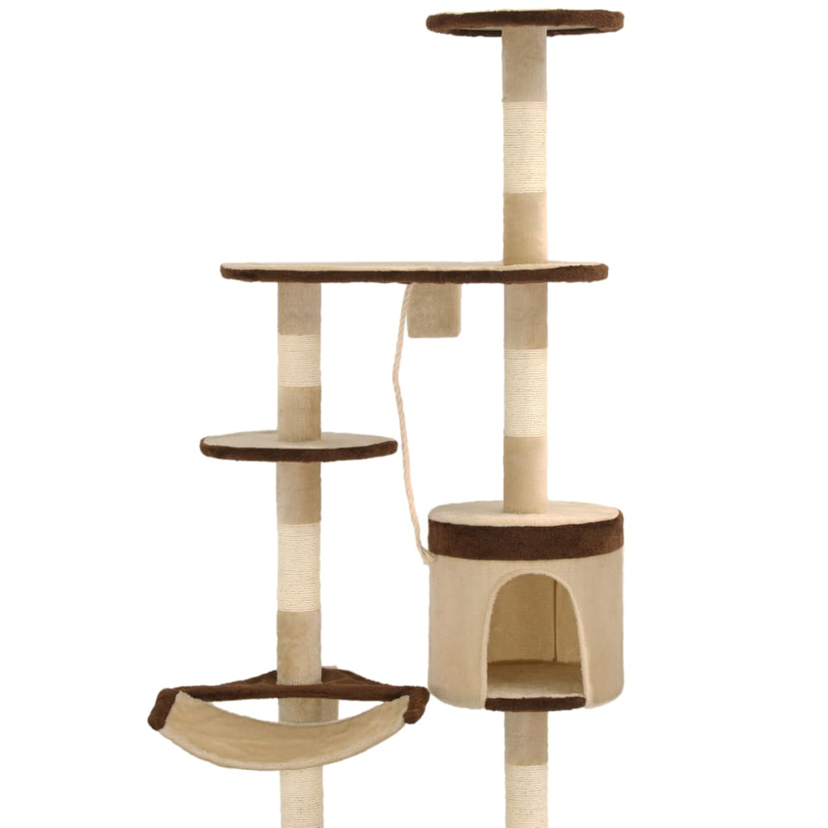 Ein mehrstöckiger Katzenbaum mit Plattformen, einem Haus und Kratzbäumen in Beige- und Brauntönen.