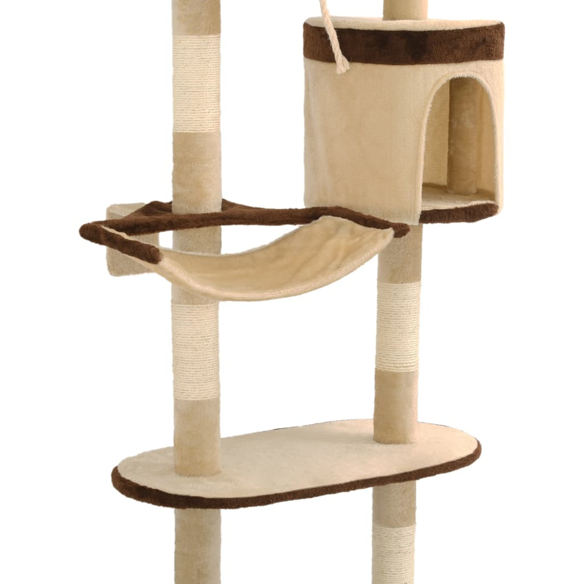 Beiger Katzenbaum mit mehreren Plattformen, einer Hängematte und einer Höhle. Beige-braunes Farbschema.