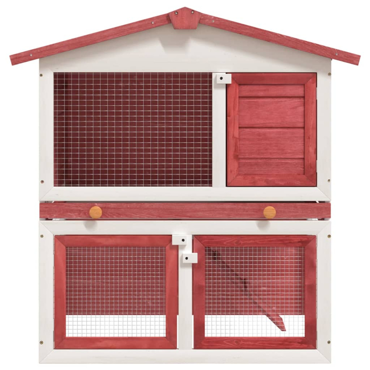 Kaninchenstall, zweistöckiges Design. Roter Besatz, weiße Wände, Gitterfenster und -tür.