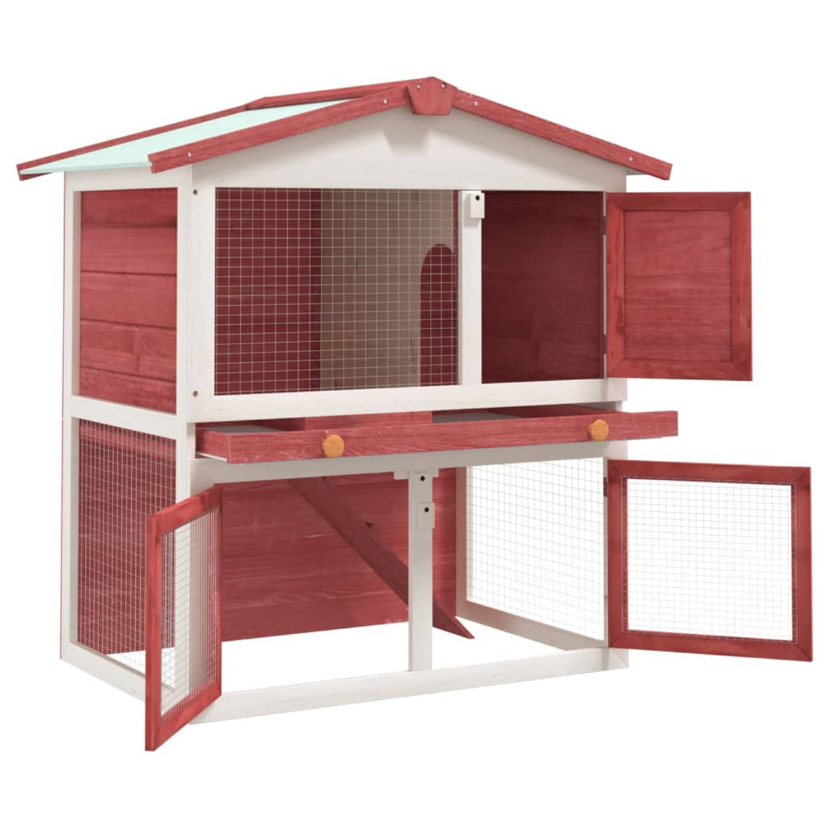 Ein rot-weißer Kaninchenstall aus Holz mit offenen Türen und Gitterfenstern.