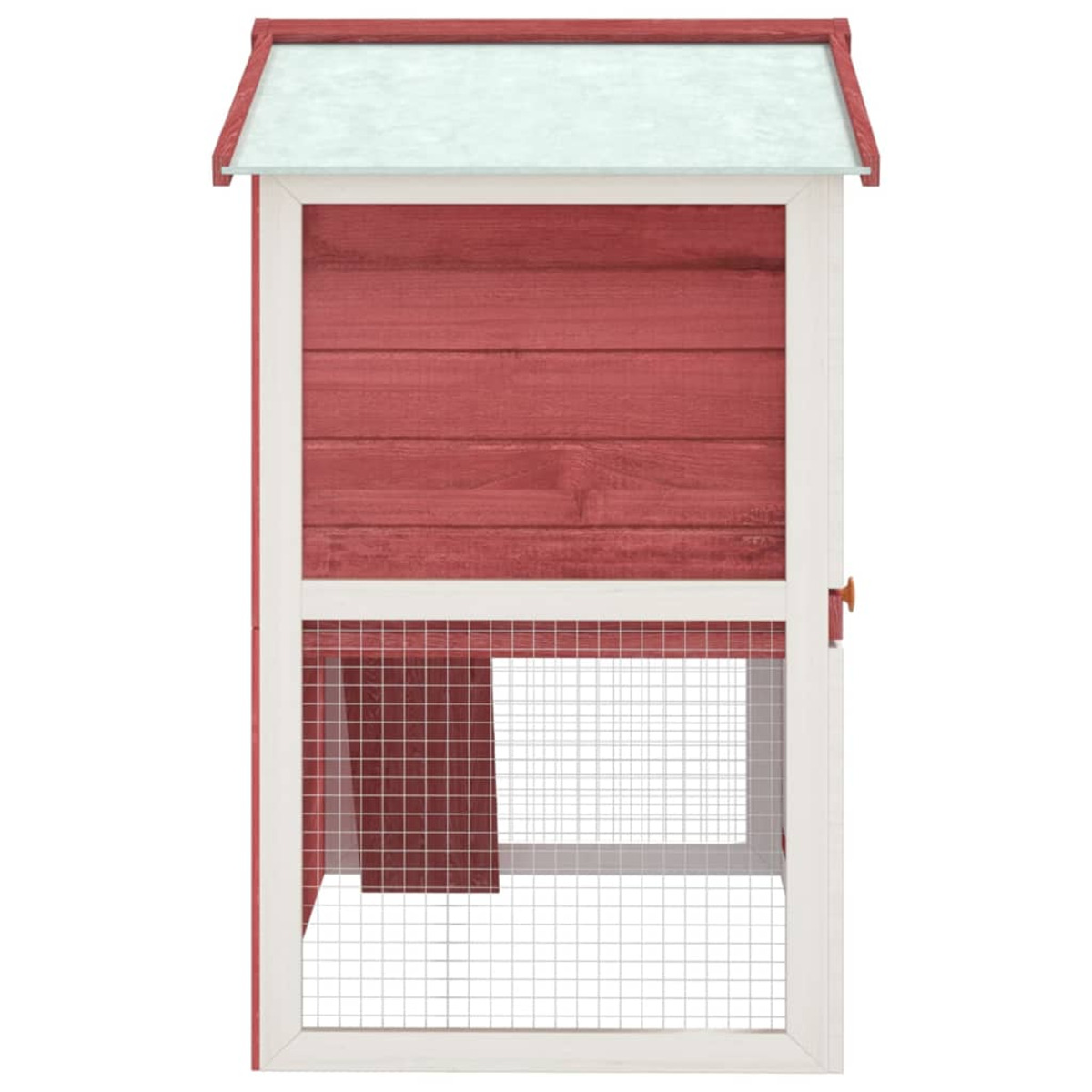 Roter und weißer Hühnerstall aus Holz mit Drahttür und schrägem Dach.