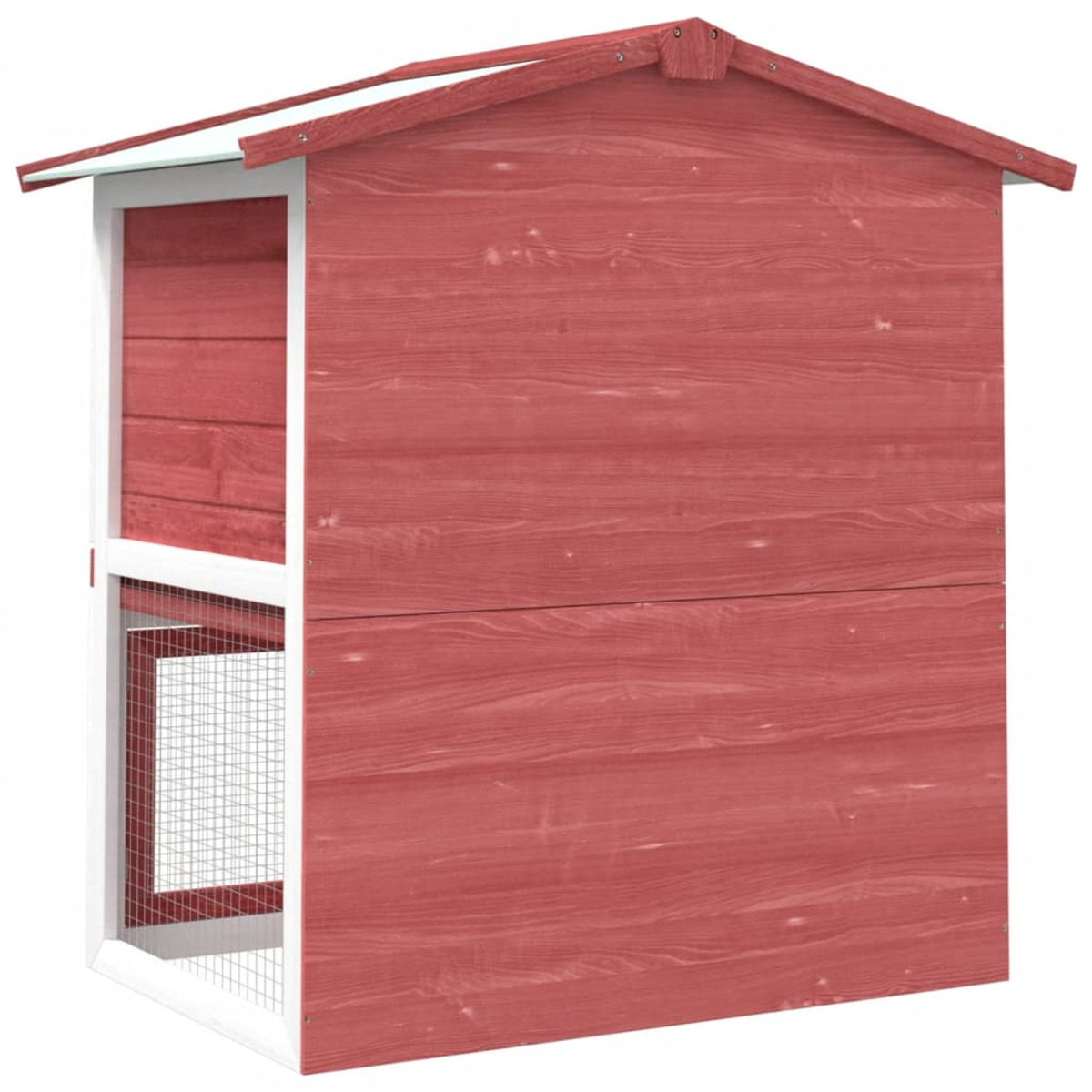 Ein rot-weißes Kaninchenhaus aus Holz mit Drahtgitterfront und schrägem Dach.