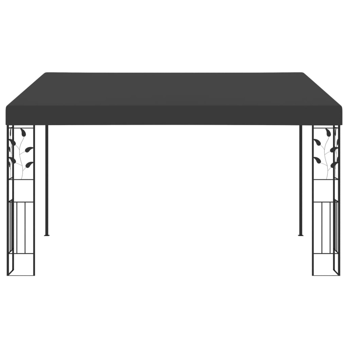 Schwarzer Pavillon mit schwarzem Dach, verzierten Stützen und weißem Hintergrund.