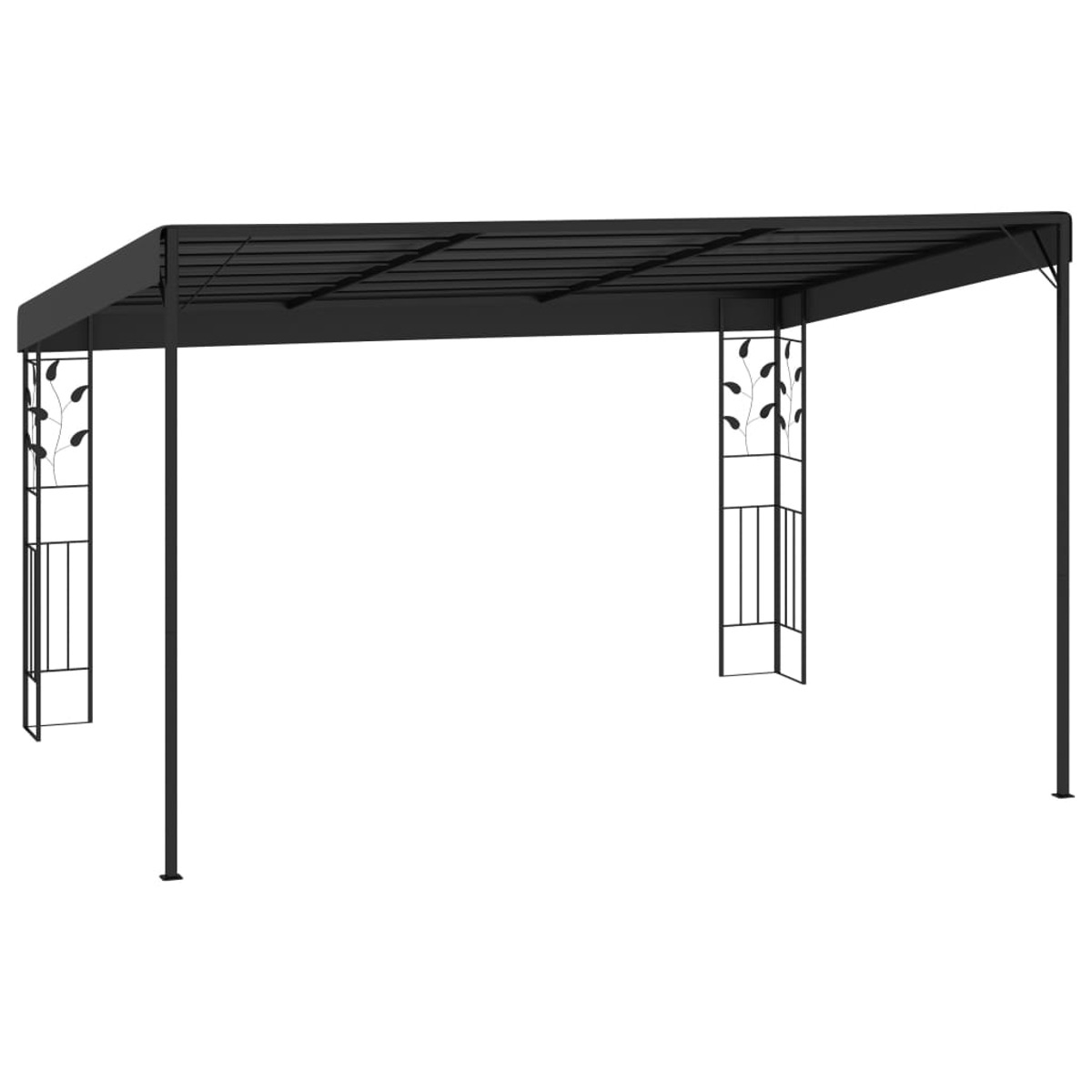 Eine schwarze Metallpergola mit Vordach. An den Stützen befinden sich dekorative Elemente.