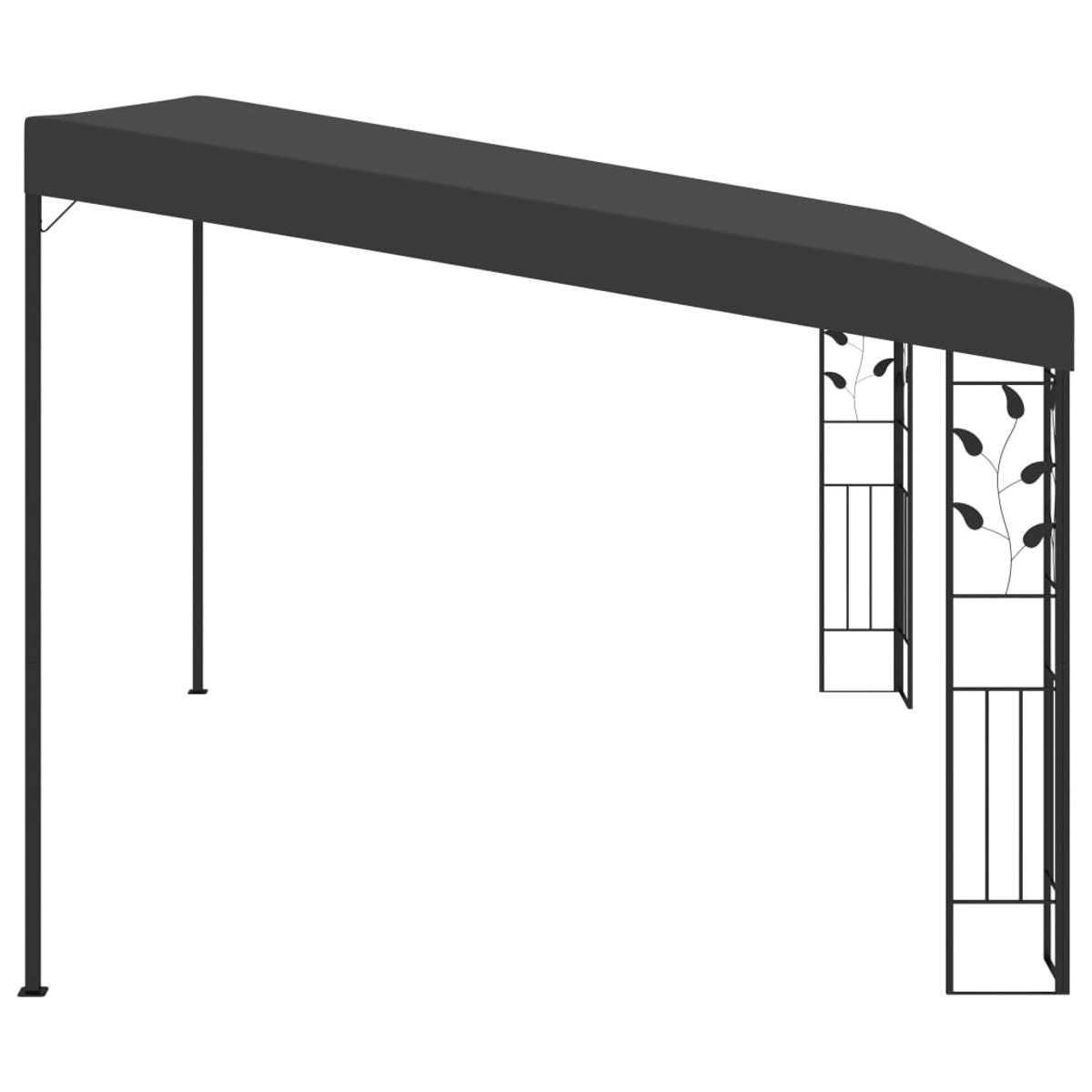 Eine schwarze Metall-Pavillon-Struktur mit dunklem Baldachin. Es ist auf weißem Hintergrund.