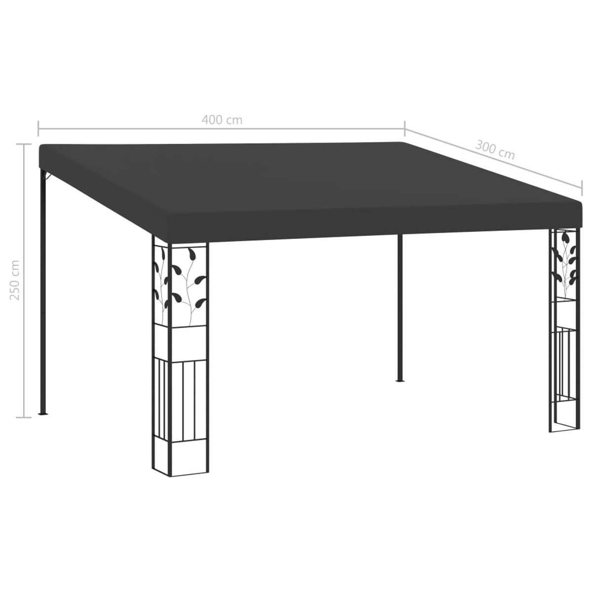 Ein schwarzer quadratischer Pavillon mit schwarzem Dach und vier dekorativen Beinen.