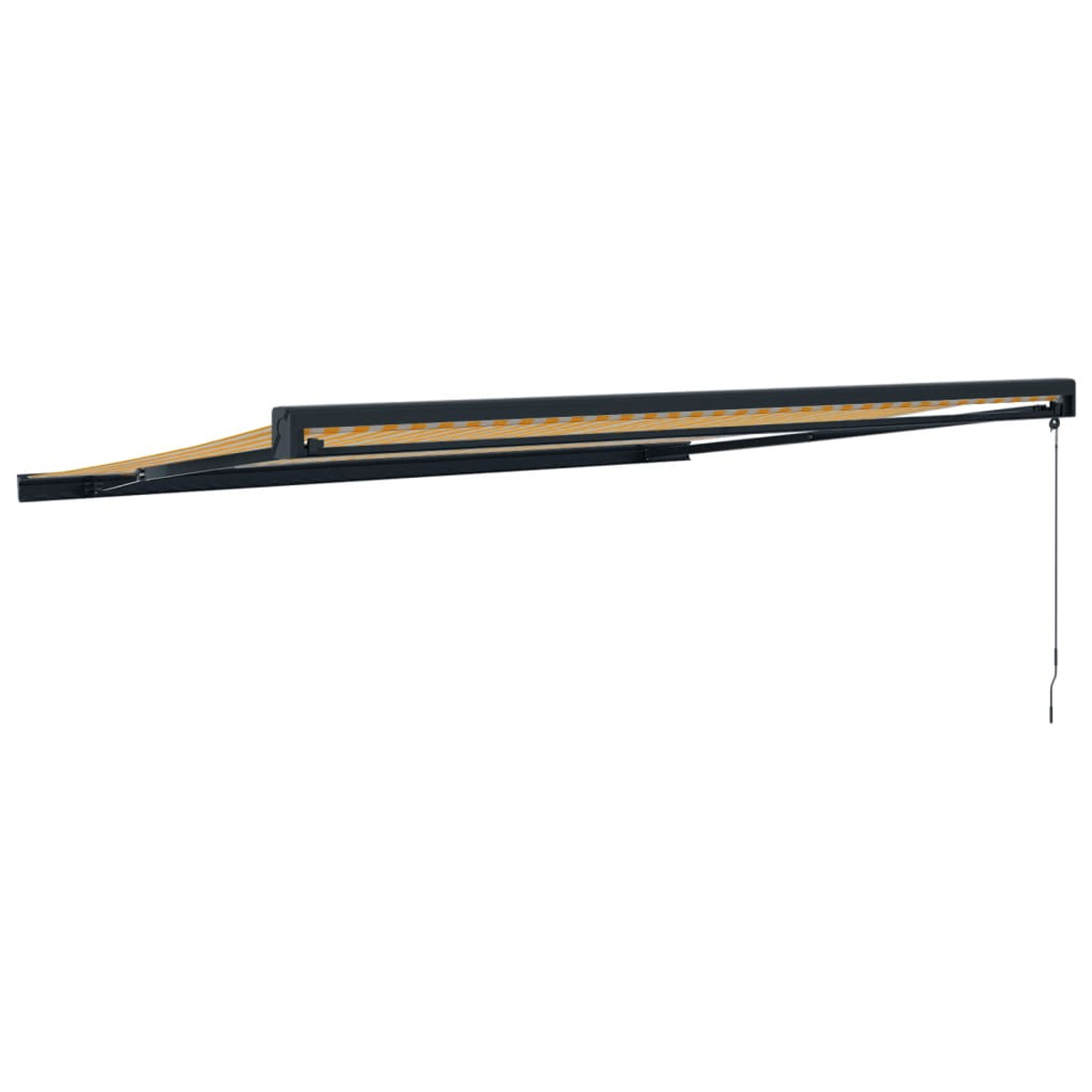 Eine ausziehbare Markise in Schwarz und Beige, die von einer Wand ausgefahren ist. Mit einer hängenden Kordel.