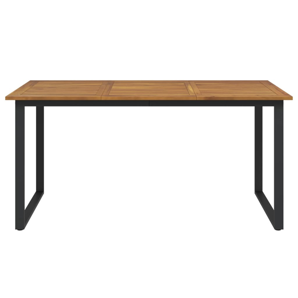 Esstisch aus Holz für den Außenbereich mit schwarzen Metallbeinen. Der Tisch hat eine rechteckige Platte mit drei Paneelen.