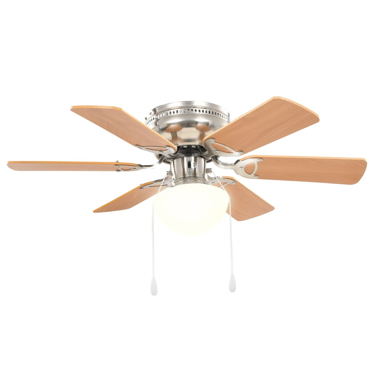 Ventilatore da soffitto con 5 pale in legno e una luce rotonda. Sfondo bianco.