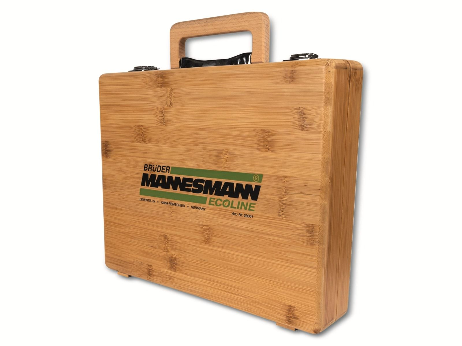 Ein Holzkoffer mit dem Logo 'BRUDER MANNESMANN ECOLINE'.