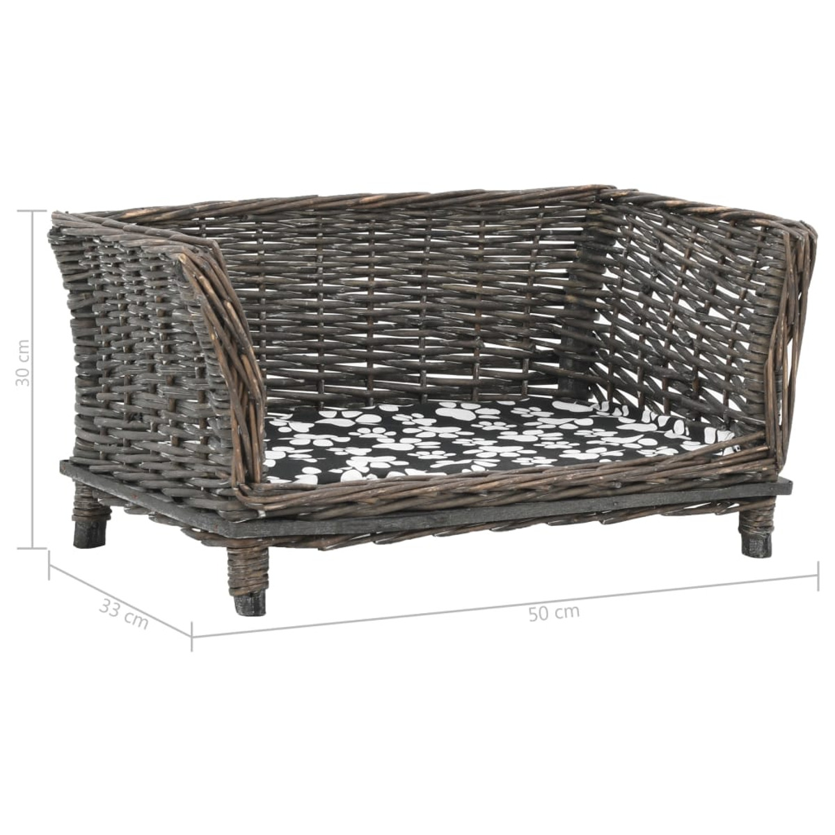 Hundebett aus Weide mit gemustertem Kissen, Maße 50x33x30cm.