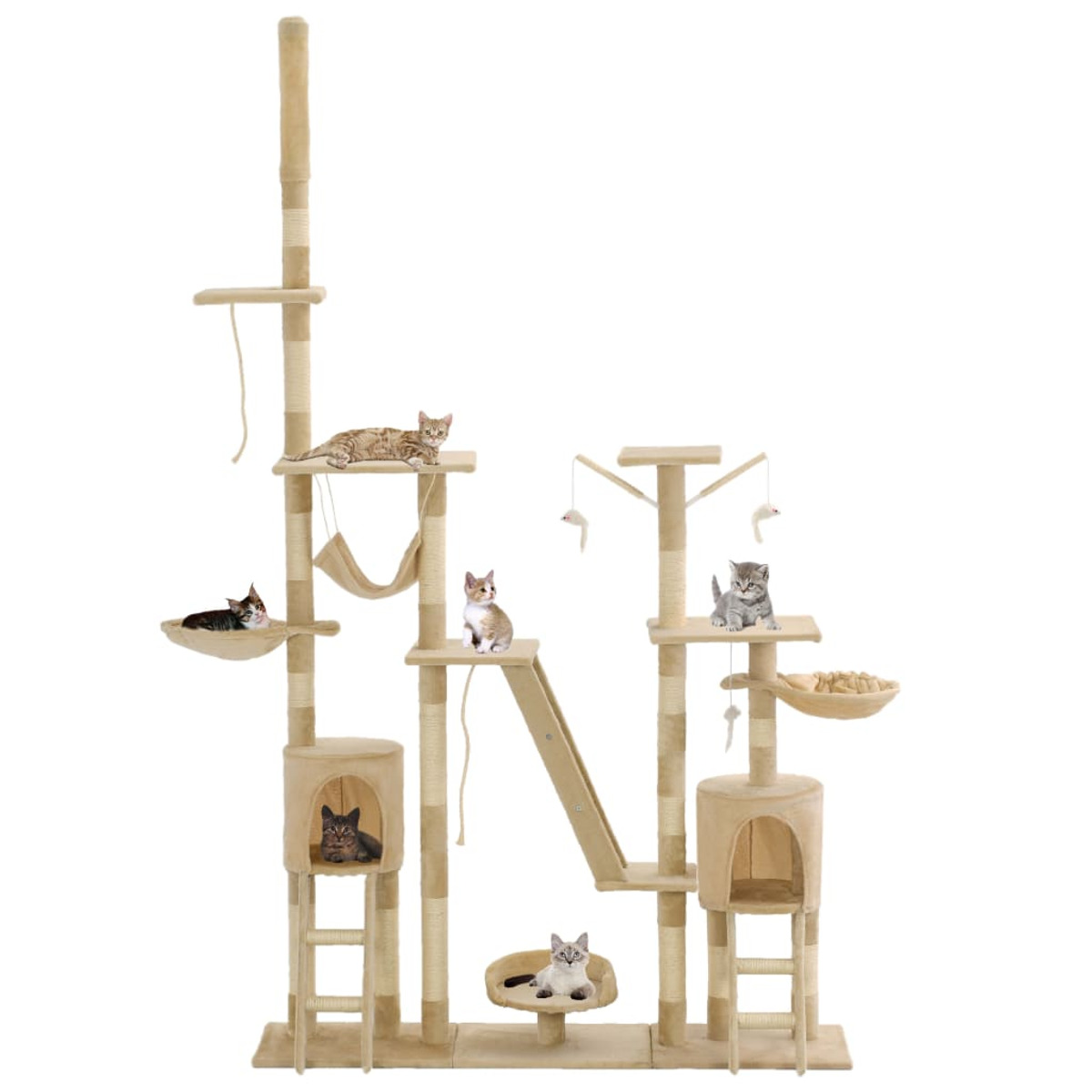 Ein hoher Katzenturm mit mehreren Ebenen. Mehrere Katzen sind darauf. Der Baum ist beige gefärbt.