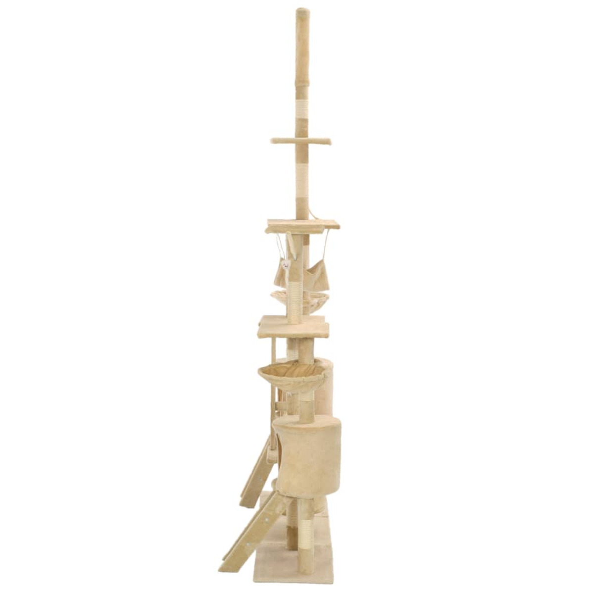 Ein hoher Katzenbaum. Er hat mehrere Plattformen, eine Hängematte und Kratzbäume. Beige Farbe.
