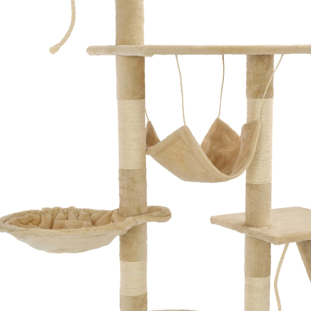 Beiger Katzenbaum, detaillierte Ansicht. Enthält Hängematten, Plattformen und Kratzbäume.
