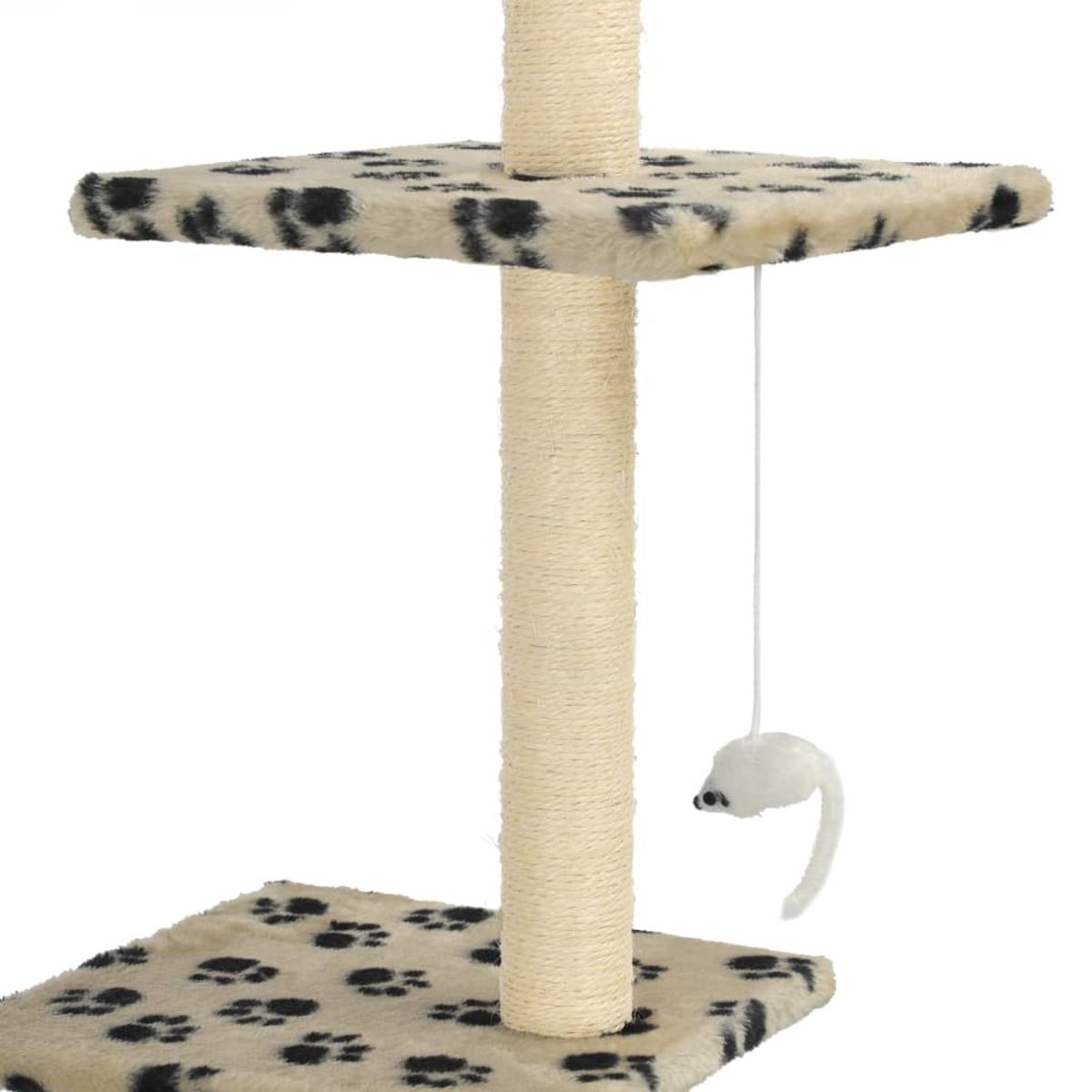 Kratzbaum mit weiß-schwarz gefleckten Plattformen, Kratzstamm und Spielzeugmaus.