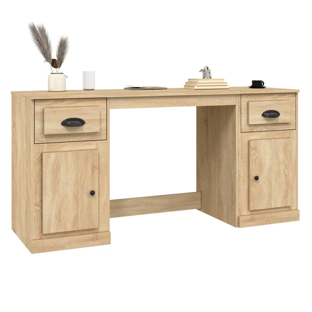 Holzschreibtisch mit zwei Schubladen und zwei Schranktüren. Es hat Dekorationen und eine Tasse darauf.