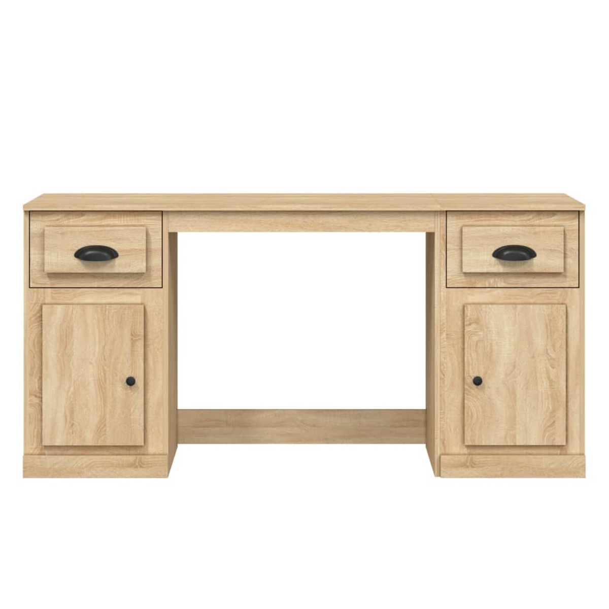Holzschreibtisch, zwei Schubladen, zwei Schränke, hellbraun.