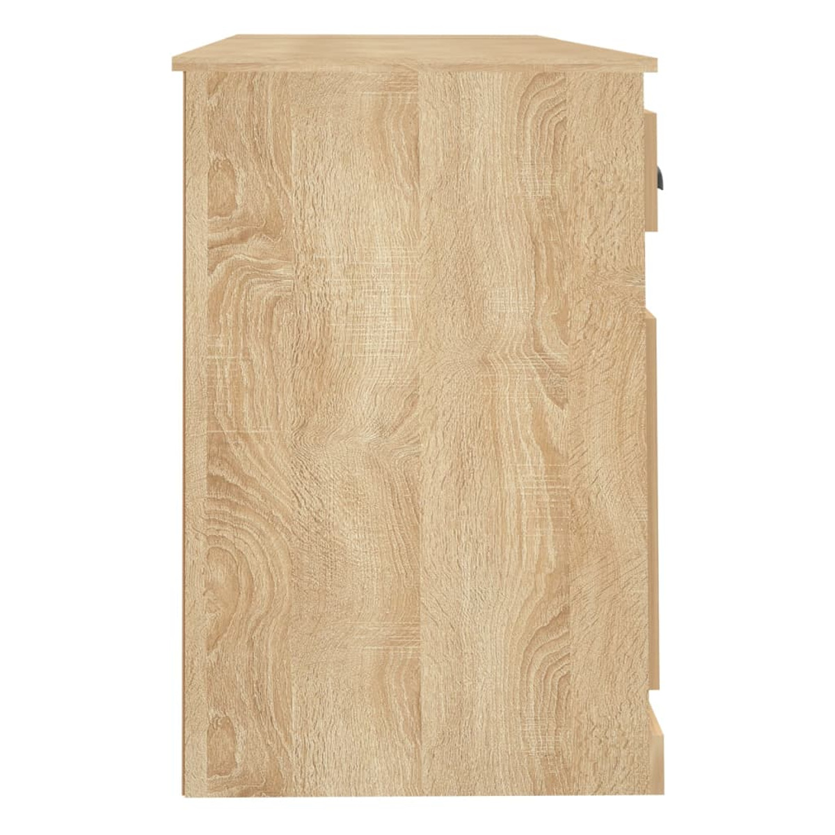 Seitenansicht eines hellbraunen Holzschranks mit vertikaler Holzmaserung.