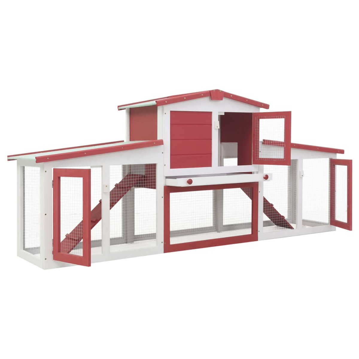 Ein rot-weißes Kaninchenhaus aus Holz mit mehreren Fächern und offenen Türen auf weißem Hintergrund.