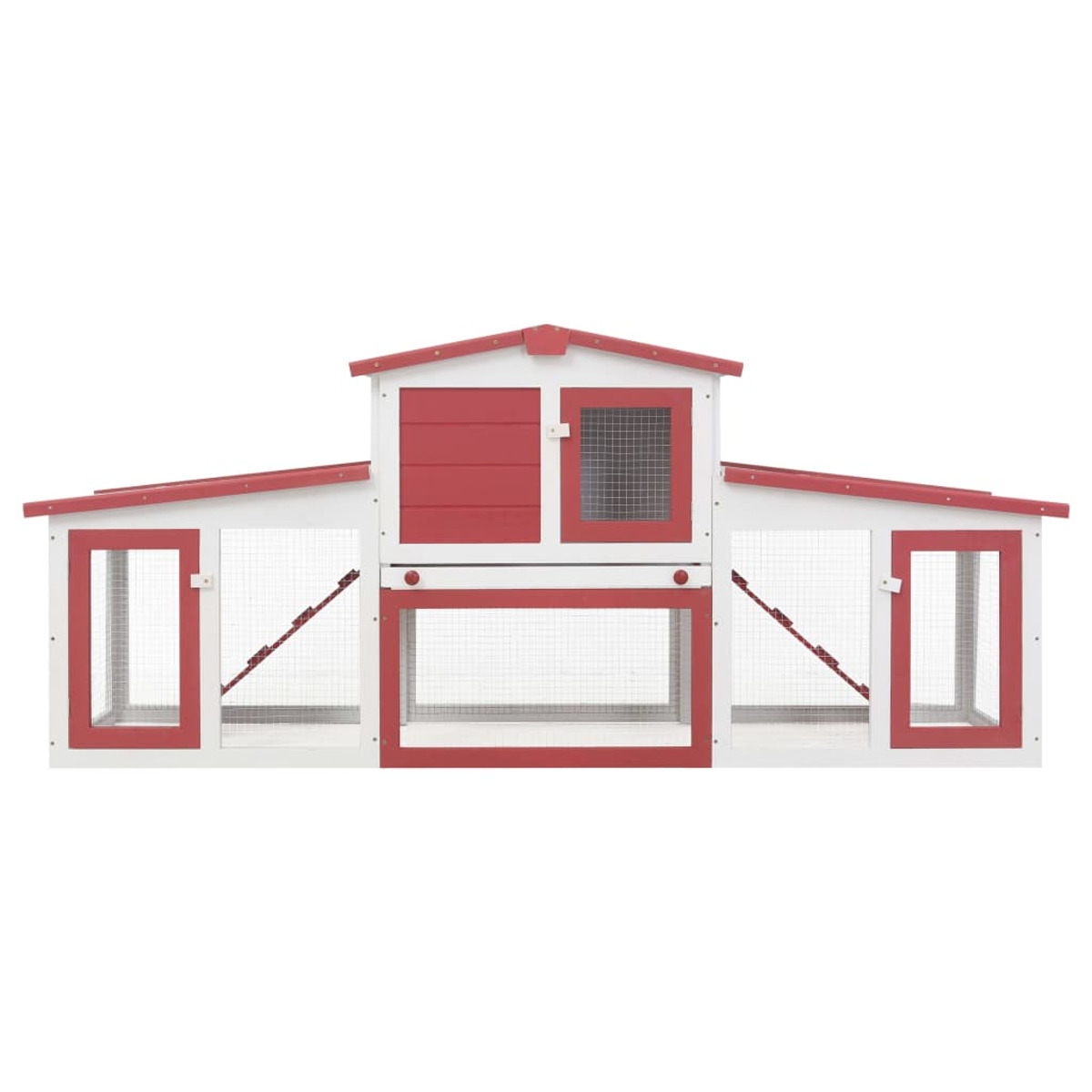 Ein weißes und rotes Katzenhaus für draußen aus Holz. Es hat zwei Abteile und eine Tür aus Drahtgeflecht.