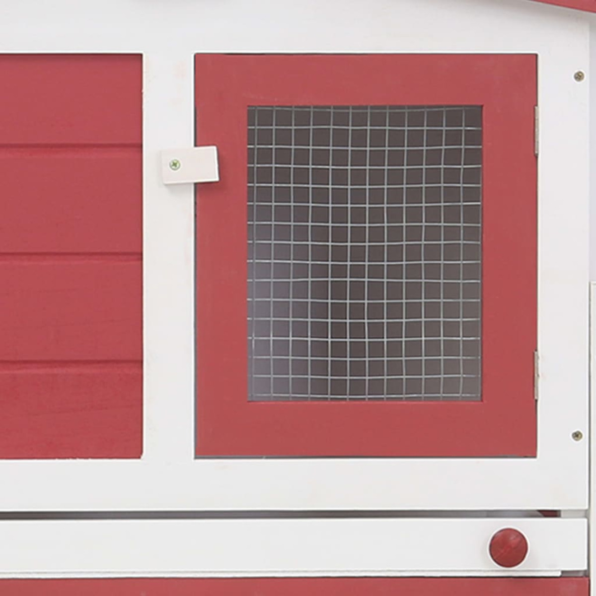Rotes und weißes Haustierhaus aus Holz mit Drahtgitterfenster.