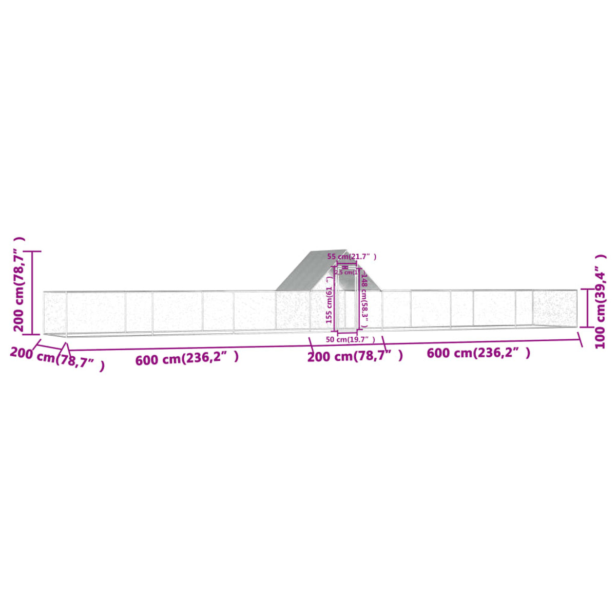 Diagramm mit Abmessungen einer langen, niedrigen Wand mit Mittelteil. Weißer Hintergrund.