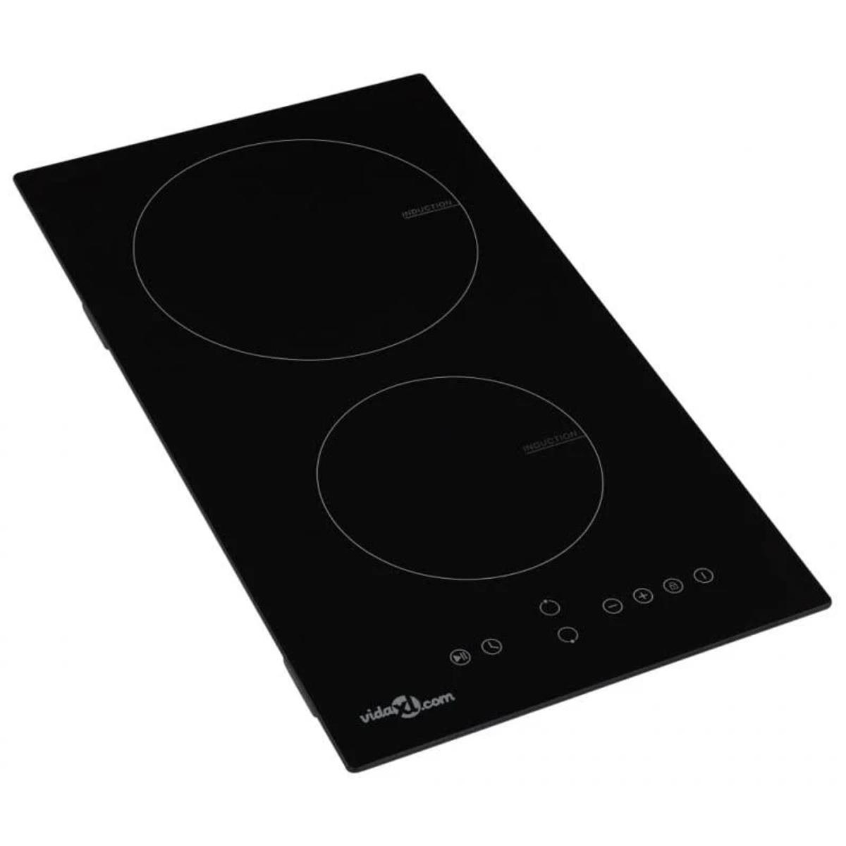 Piano cottura a induzione nero con due zone cottura e pulsanti, su sfondo bianco.