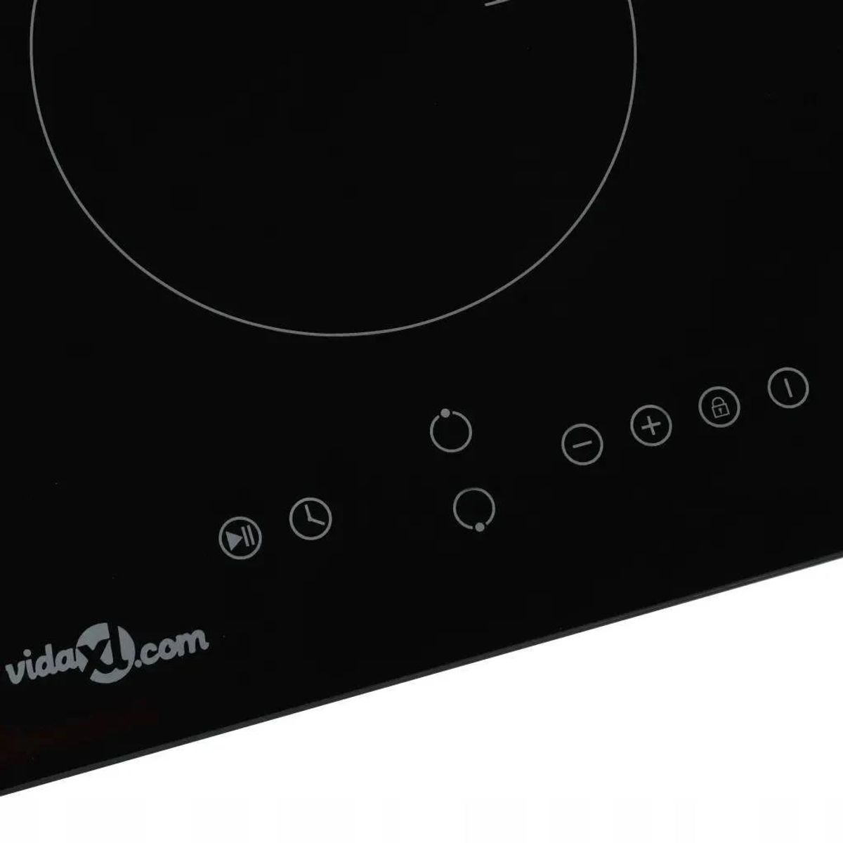 Piano cottura a induzione nero con comandi touch e logo vida4.com, vista dall'alto.