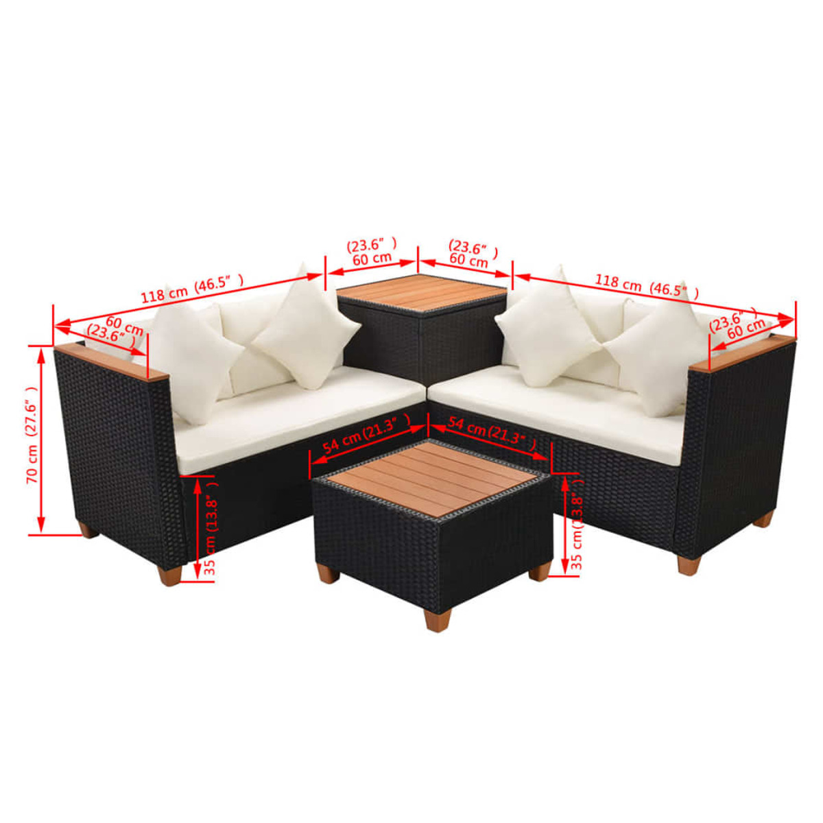 Ein schwarzes Outdoor-Sofa-Set aus Korbgeflecht mit Maßen. Enthält zwei Sofas und einen quadratischen Tisch.