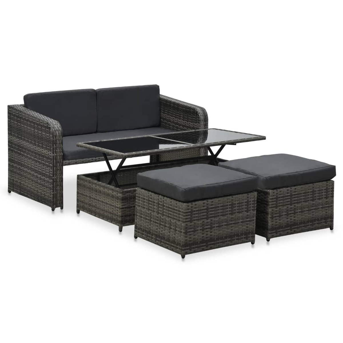 Graues Rattan-Sofaset mit einem Tisch mit Hubtisch und zwei Ottomanen. Schwarze Kissen.