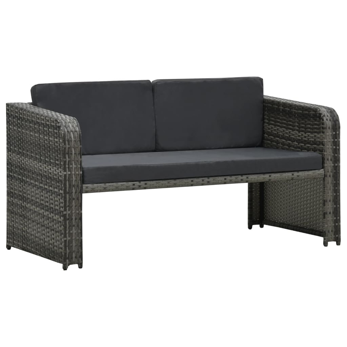 Graue gewebte Outdoor-Loveseat mit dunklen Kissen.