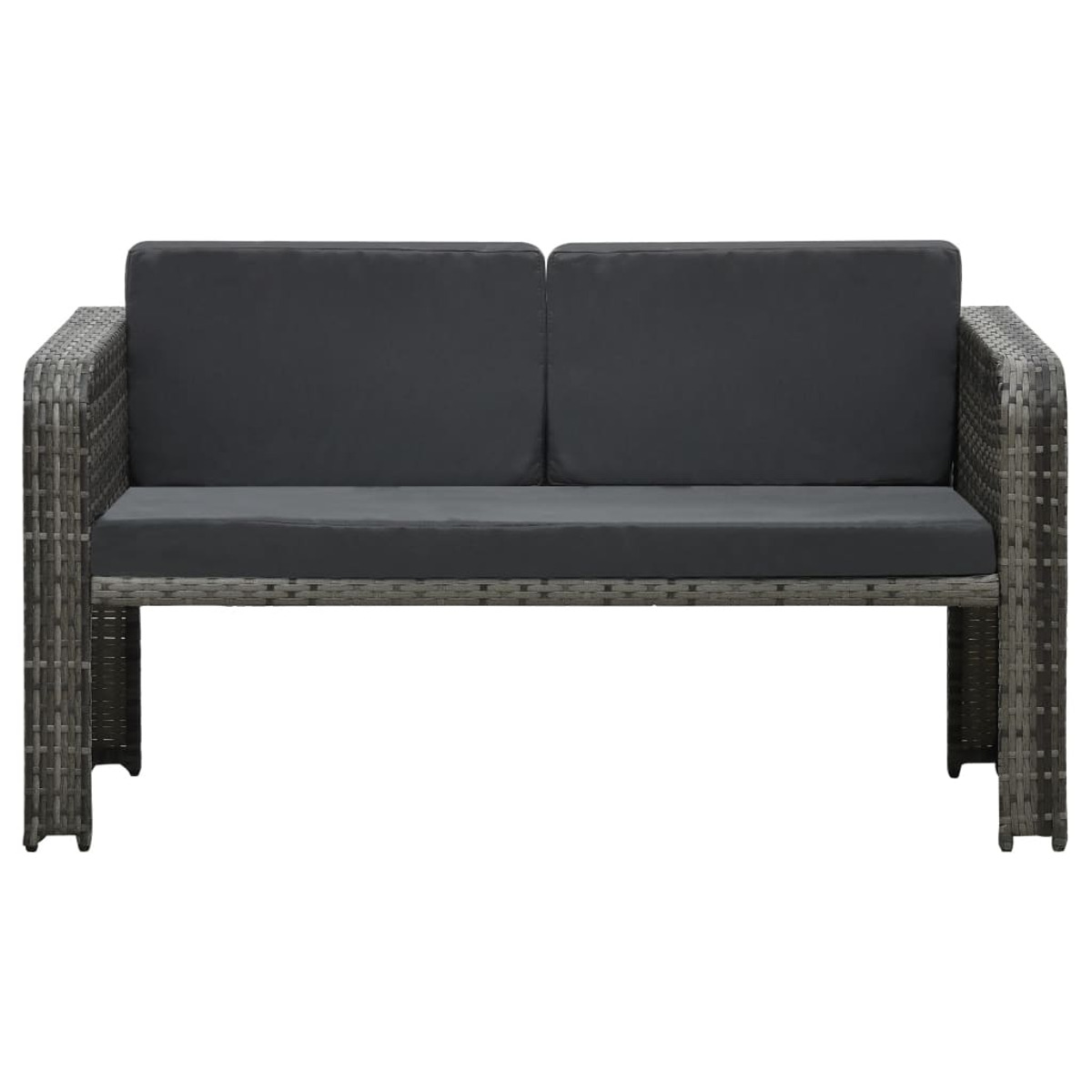 Graues Outdoor-Sofa mit zwei Kissen. Dunkelgraue Kissen und Armlehnen.