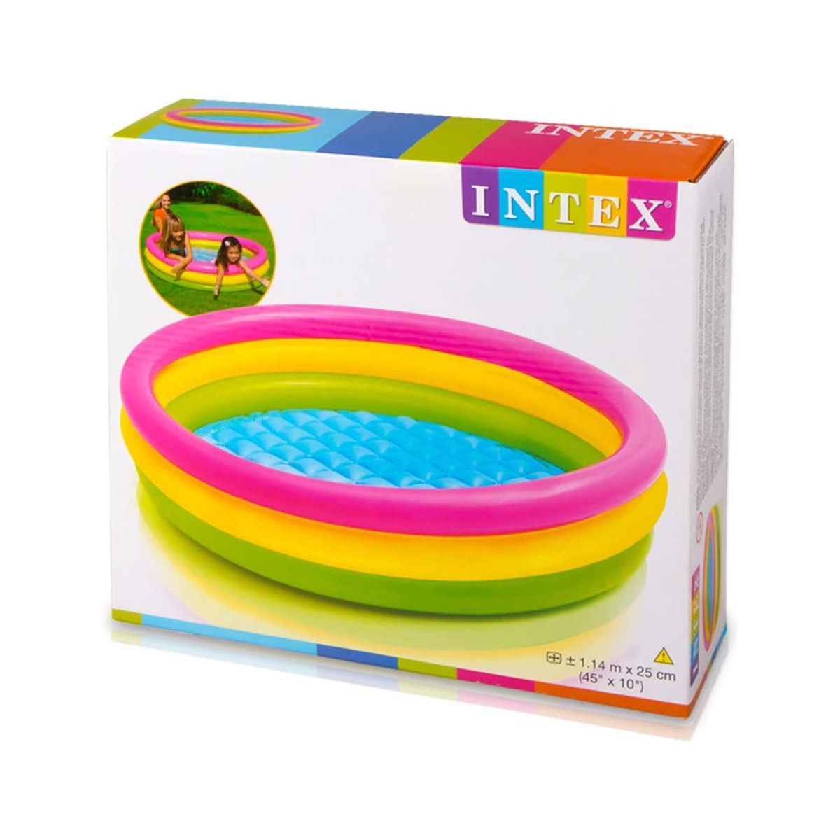 Ein aufblasbarer Pool in einer Box. Der Pool hat rosa, gelbe und blaue Ringe.