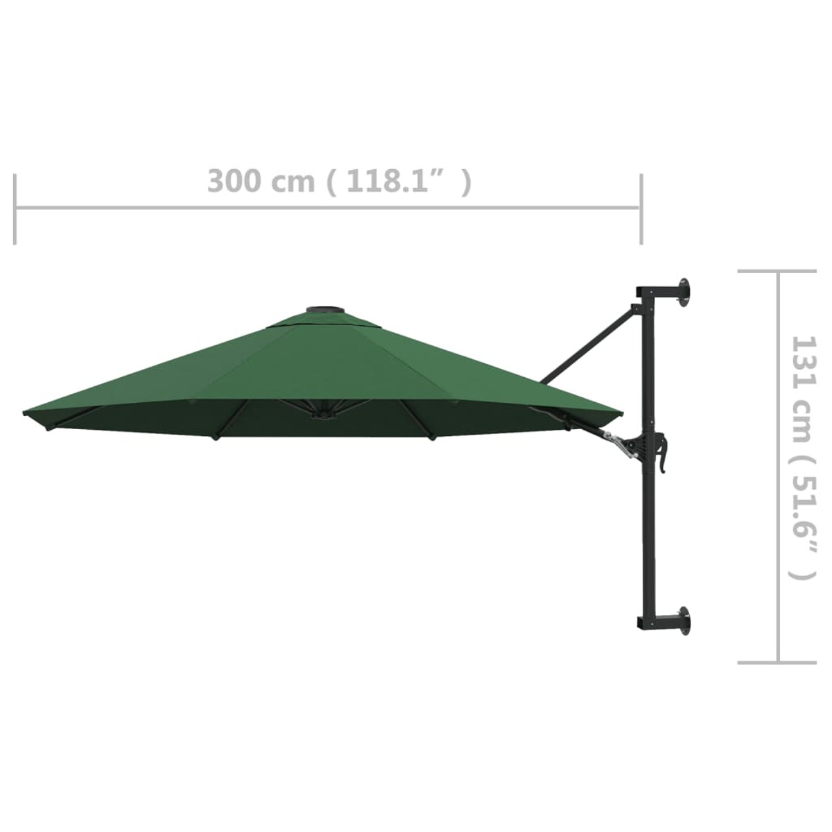 Grüner Ausleger-Sonnenschirm mit Maßen: 300 cm breit, 131 cm hoch. Schwarzer Tragarm auf weißem Hintergrund.