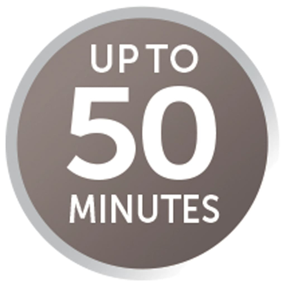 Una pegatina circular marrón con las palabras "UP TO 50 MINUTES" en letras blancas.