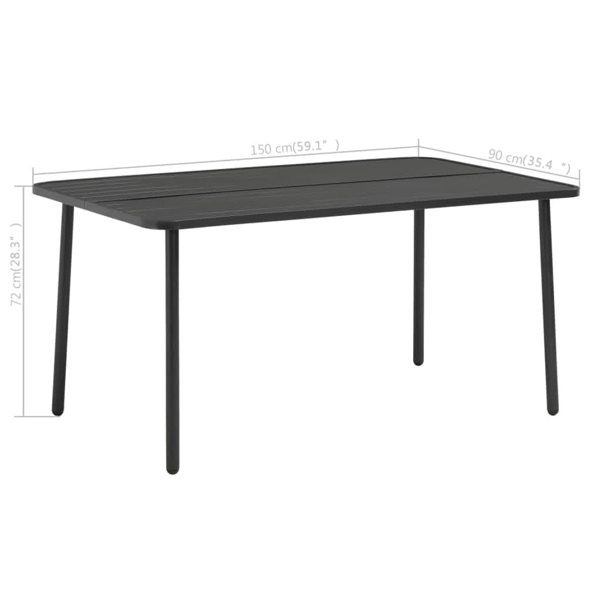 Ein schwarzer Gartentisch mit Maßen. Er hat eine rechteckige Form mit schwarzen Beinen.