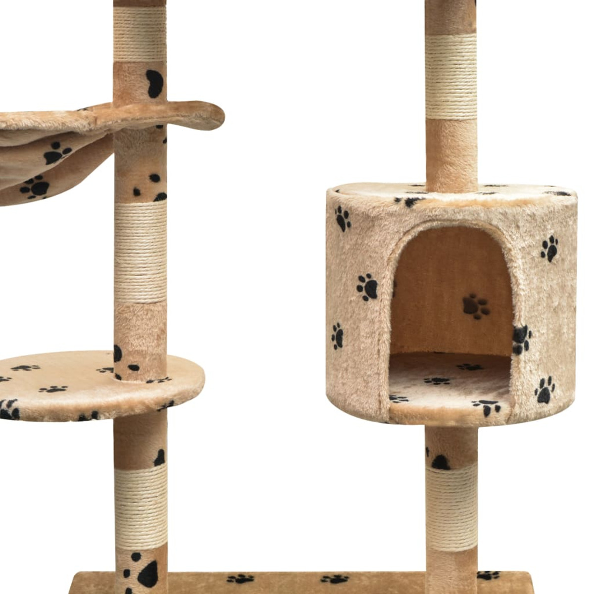 Kratzbaum mit mehreren Plattformen, Kratzpfosten und einem Katzenhaus mit Pfotenabdrücken.