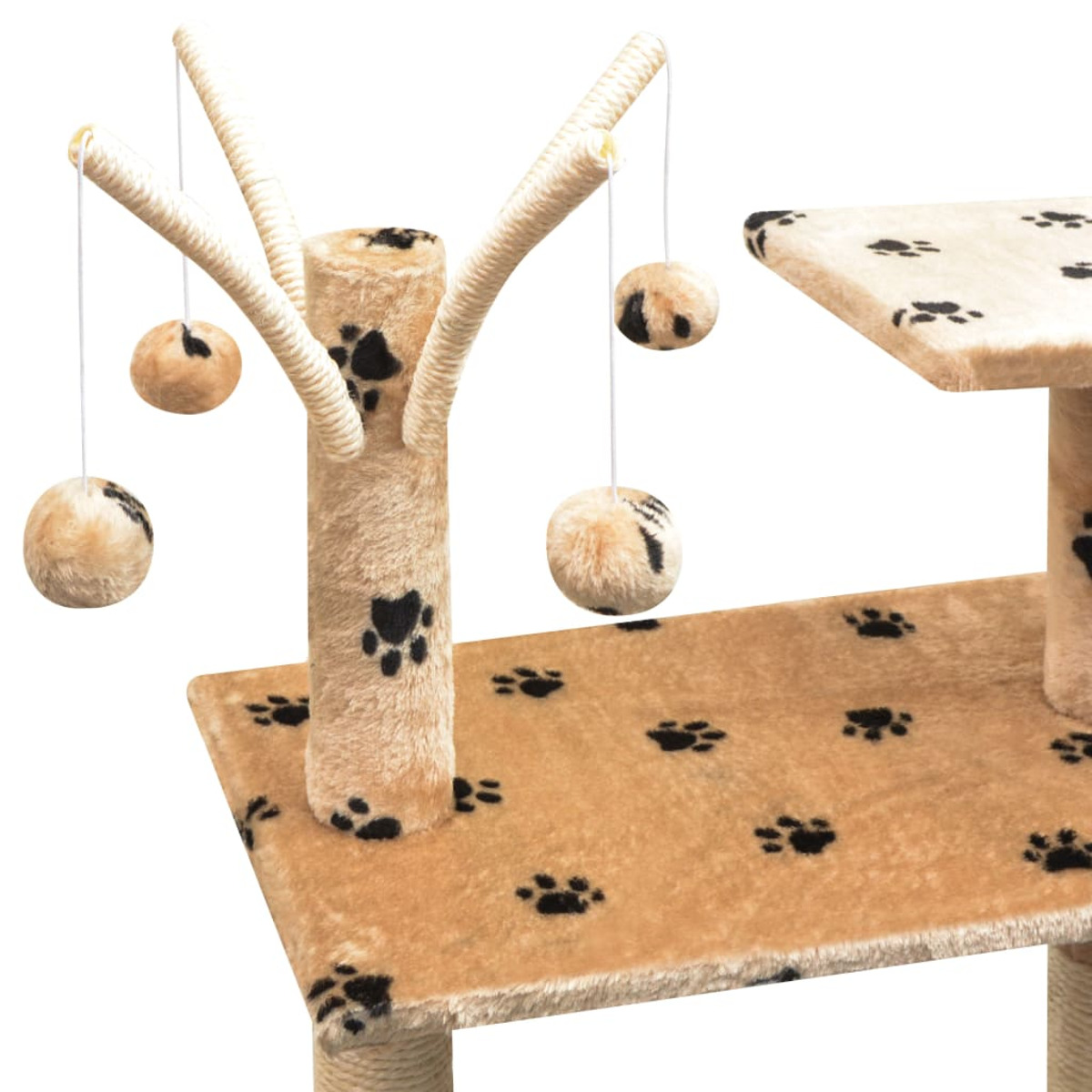Katzenbaum. Der Baum hat mehrere Plattformen, Pfotenabdrücke und hängendes Spielzeug.
